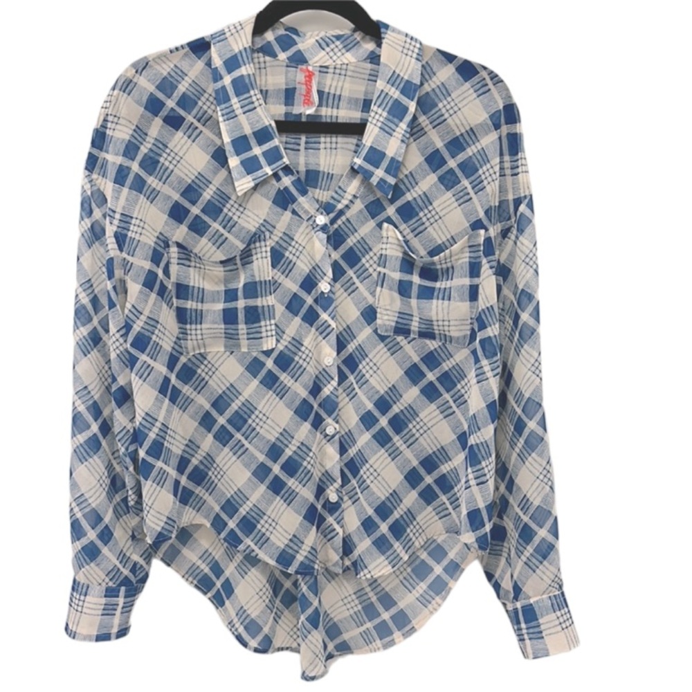 Free People Womens Top Sz XS/TP Easy Rider Sheer Blue Cream Checked Button Down - Picture 1 of 9